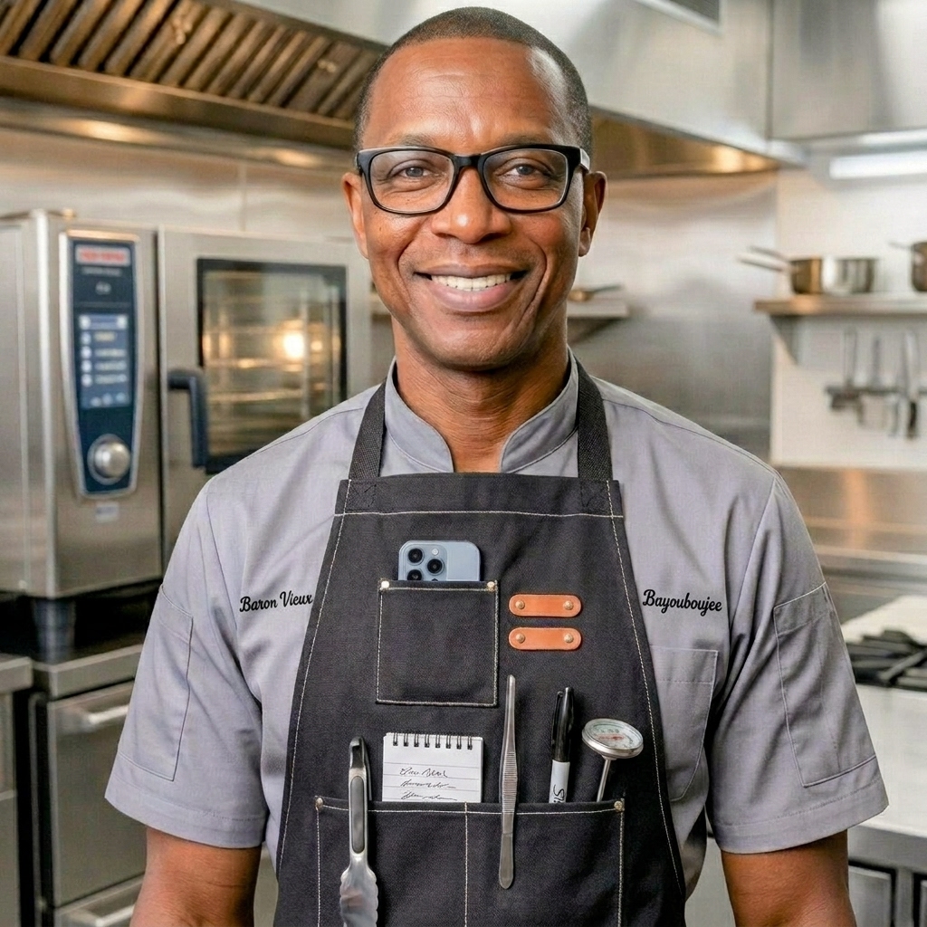Baron Vieux in the kitchen, gray chef's coat embroidered Baron Vieux and Bayouboujee