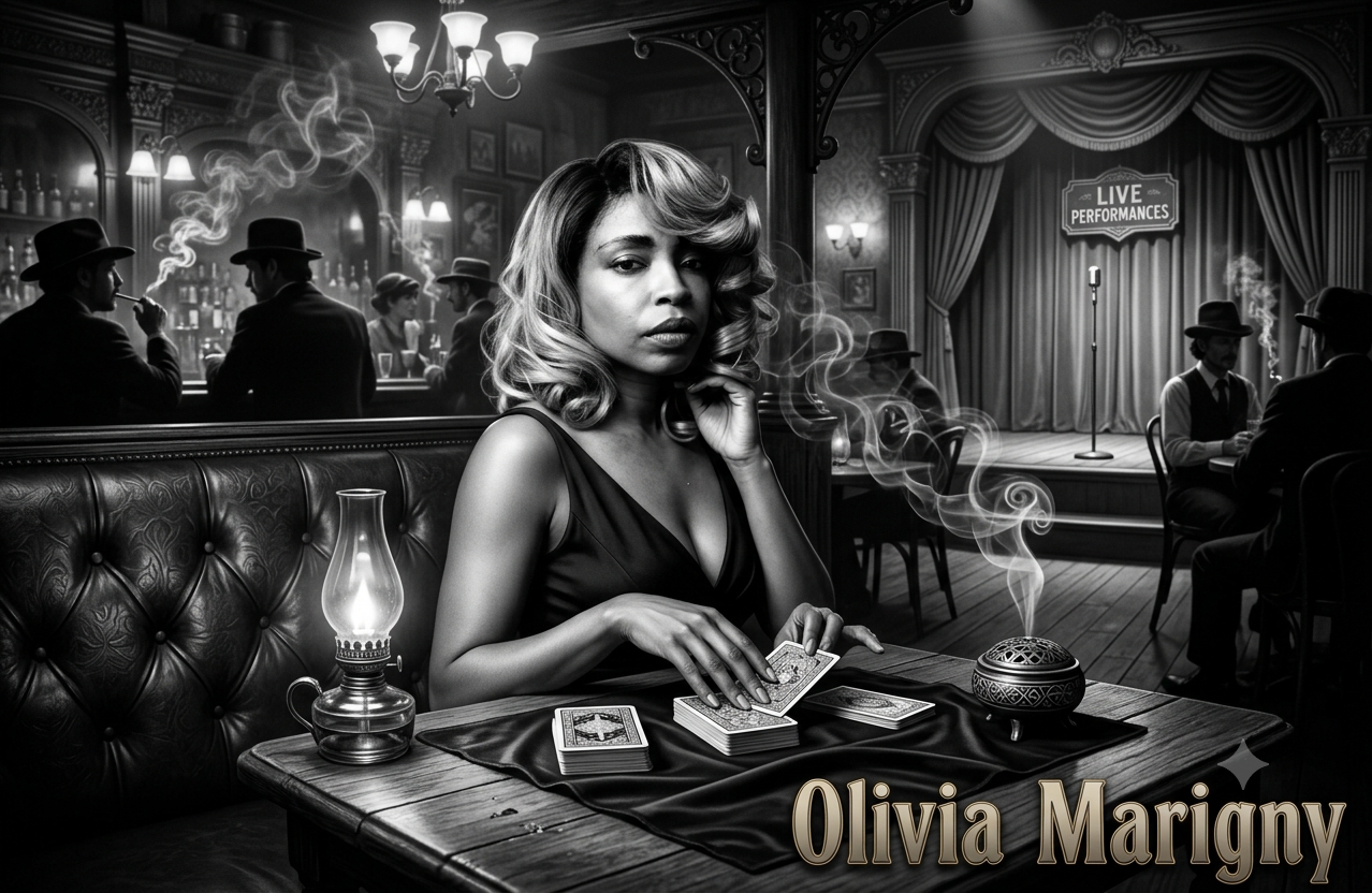 Olivia Marigny reading tarot cards at her table, with the Live Performances stage behind her